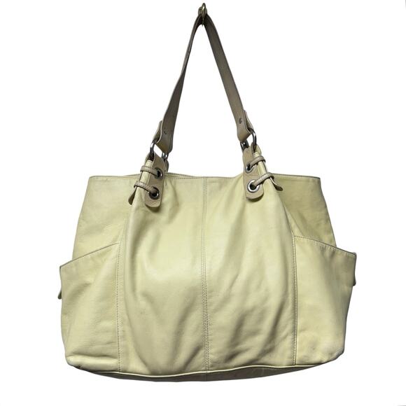 Kenneth Cole Leather Pale Yellow Shoulder Hobo Tote Bag with Flaws Snap Closure - Picture 3 of 11